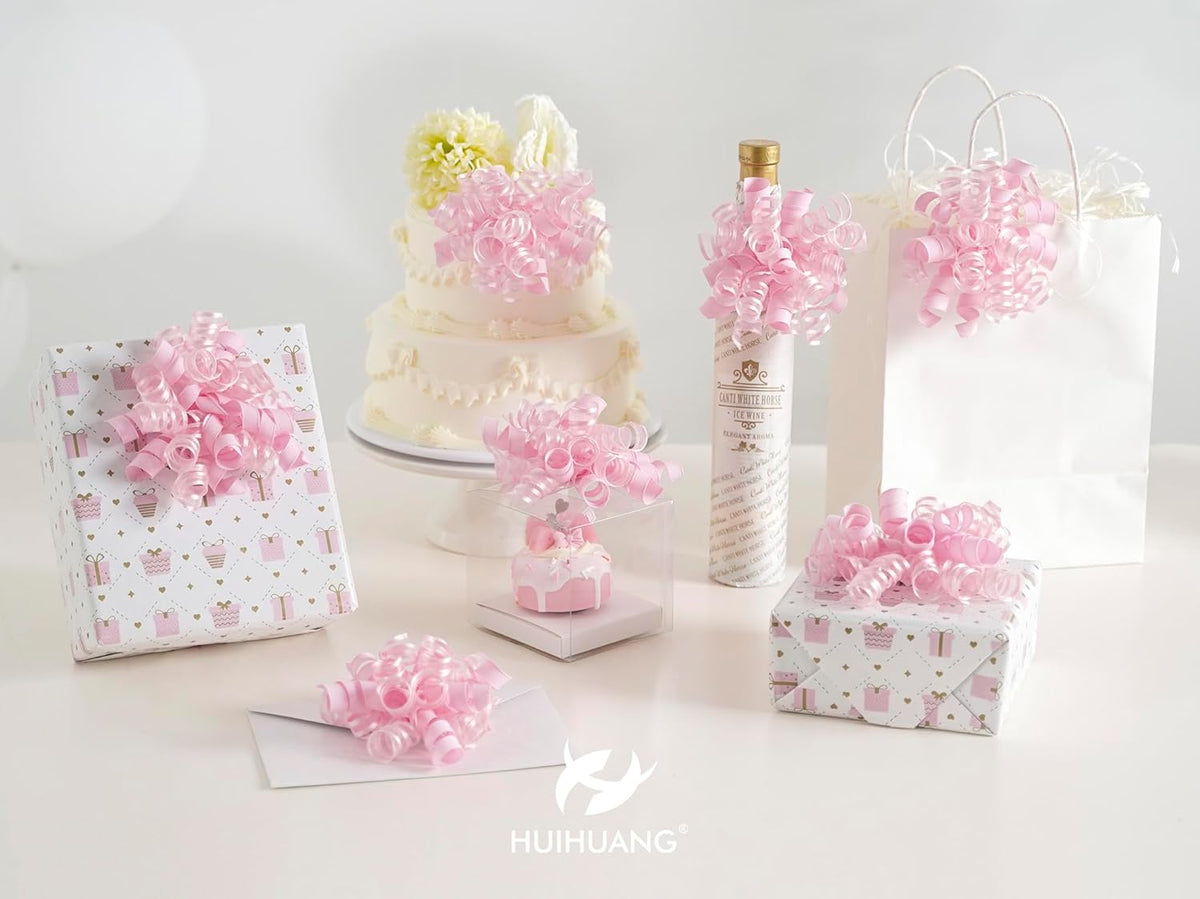 HUIHUANG Pink Gift Bows Self-Adhesive Curly Ribbon Bow 5 inch x 8 Counts Light Pink Bow for Gift