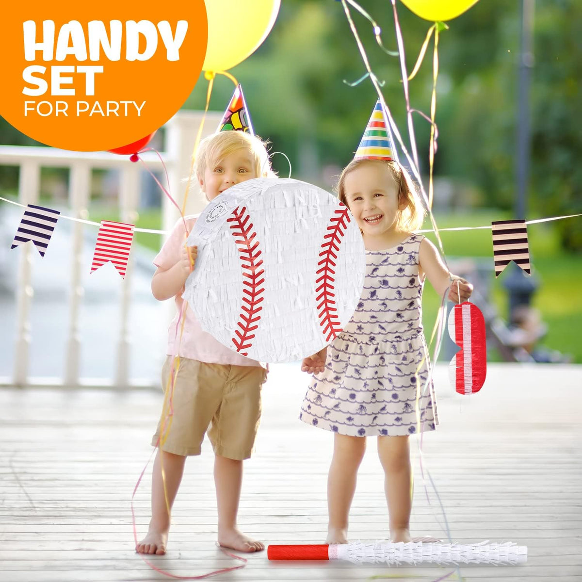 Baseball Pinata Bundle with a Blindfold and Bat (13"x13"x4"), Baseball Pinata for Boys, Perfect for