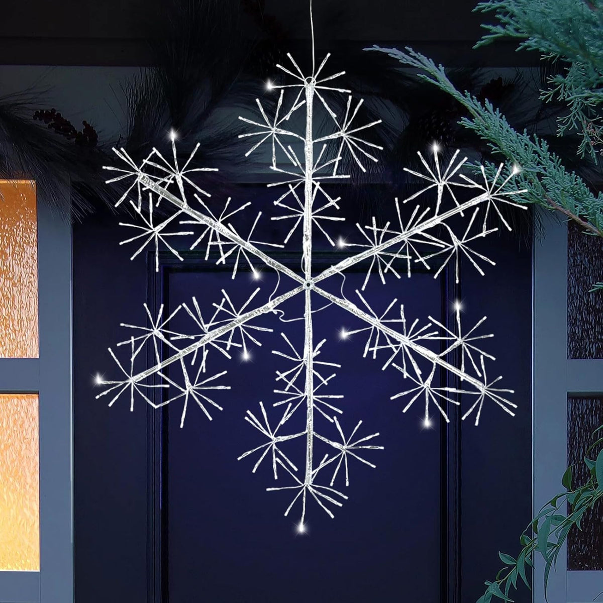 30’’ Christmas Snowflake Lights Outdoor, Pre-lit 240Pcs Cool White LEDs Hanging Silver Snowflake