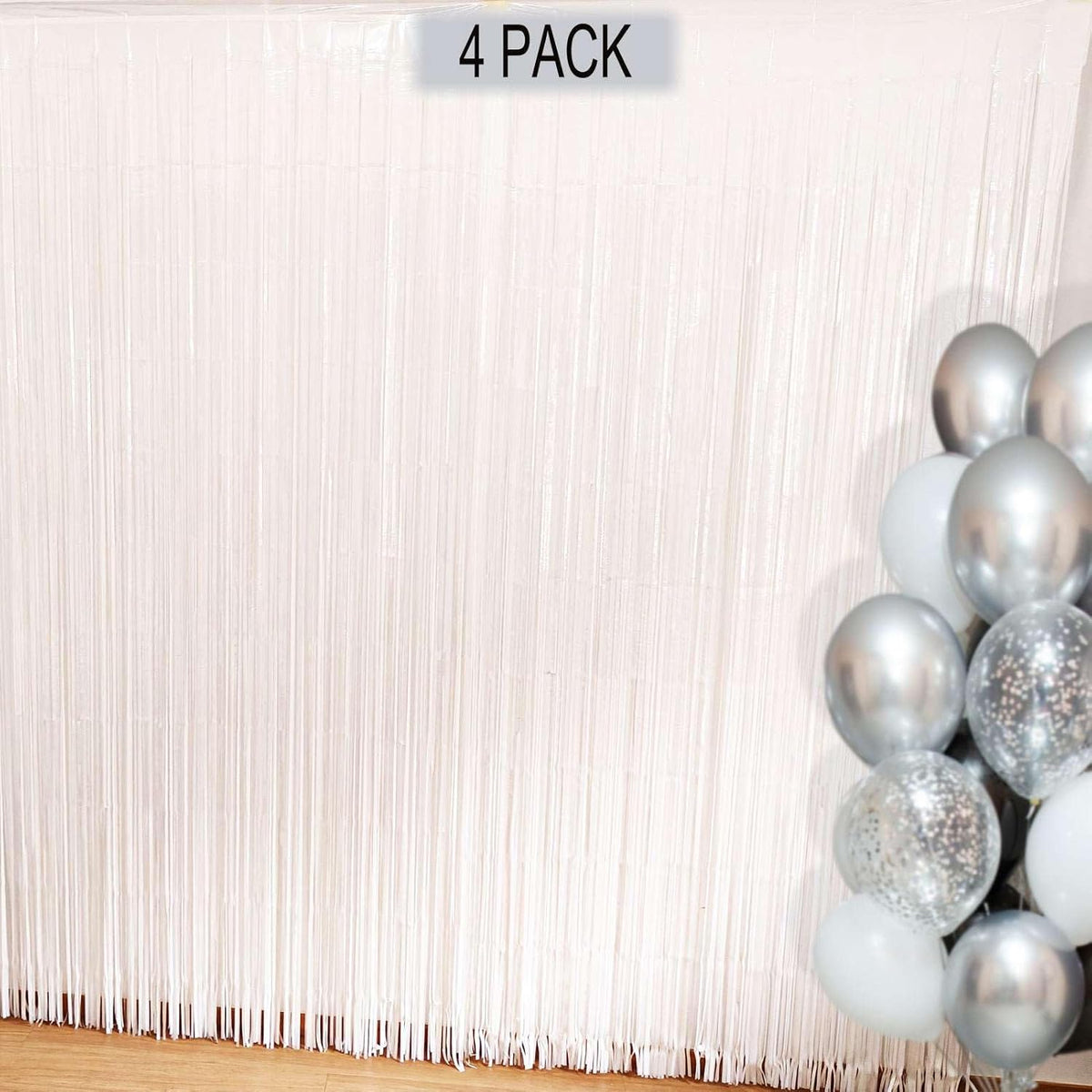 White Fringe Backdrop Curtains for Parties - 4 Pack of 3.2x8.2ft White Streamers Curtain Photo