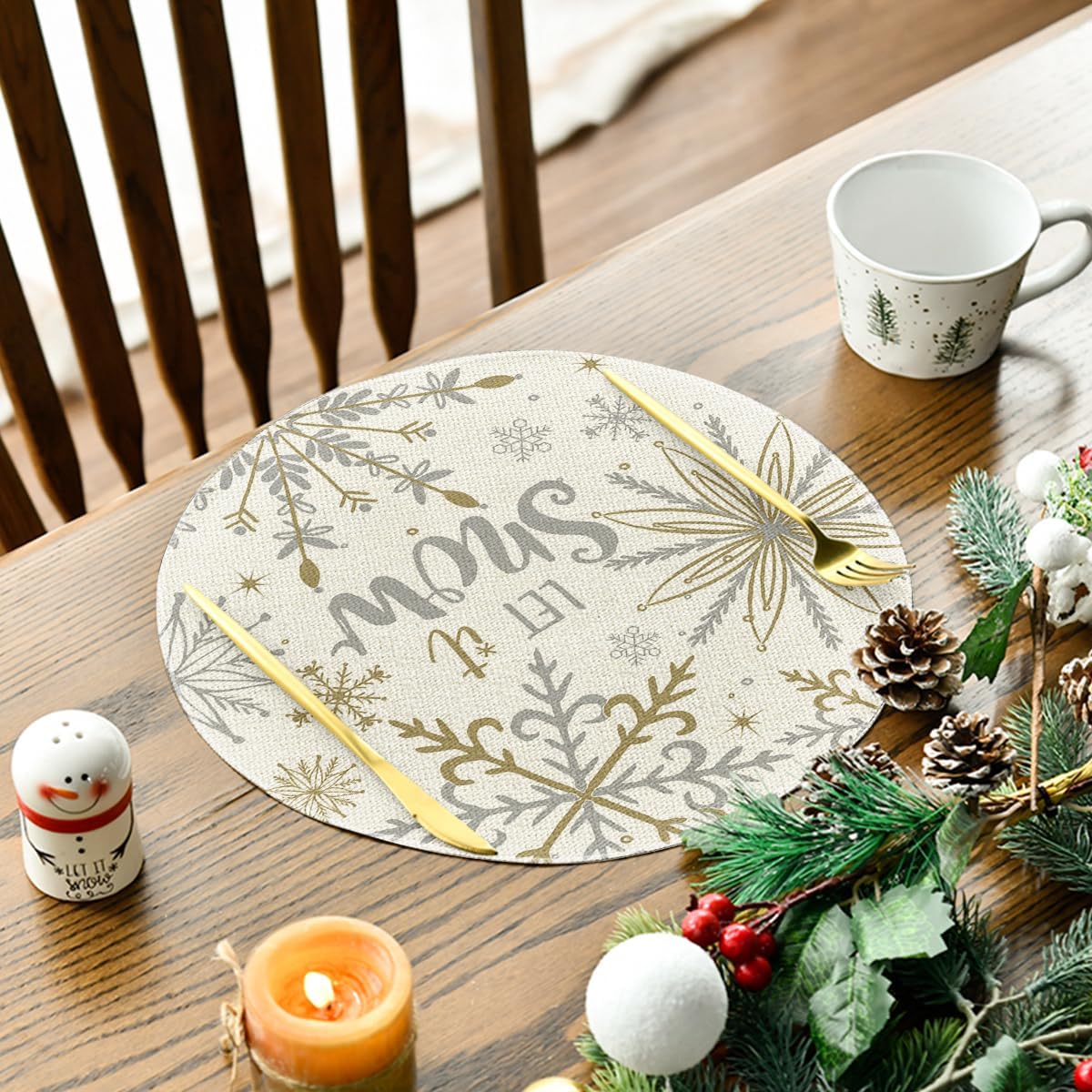 Artoid Mode Beige Snowflake Let It Snow Winter Placemats Set of 6, 14 Inch Seasonal Christmas Xmas