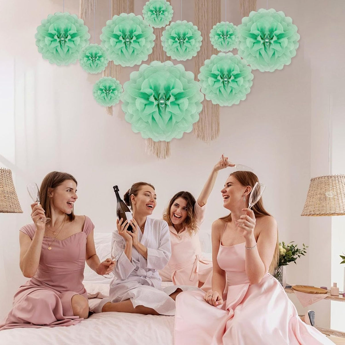 Tissue Paper Pom Poms, Light Green Tissue Paper Flowers, Hanging Flower Balls for Weddings Fiesta