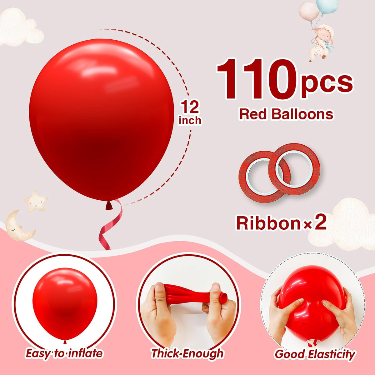 110pcs Red Balloons 12 Inch Bright Red Latex Balloon Garland Arch Kit for Birthday Baby Shower