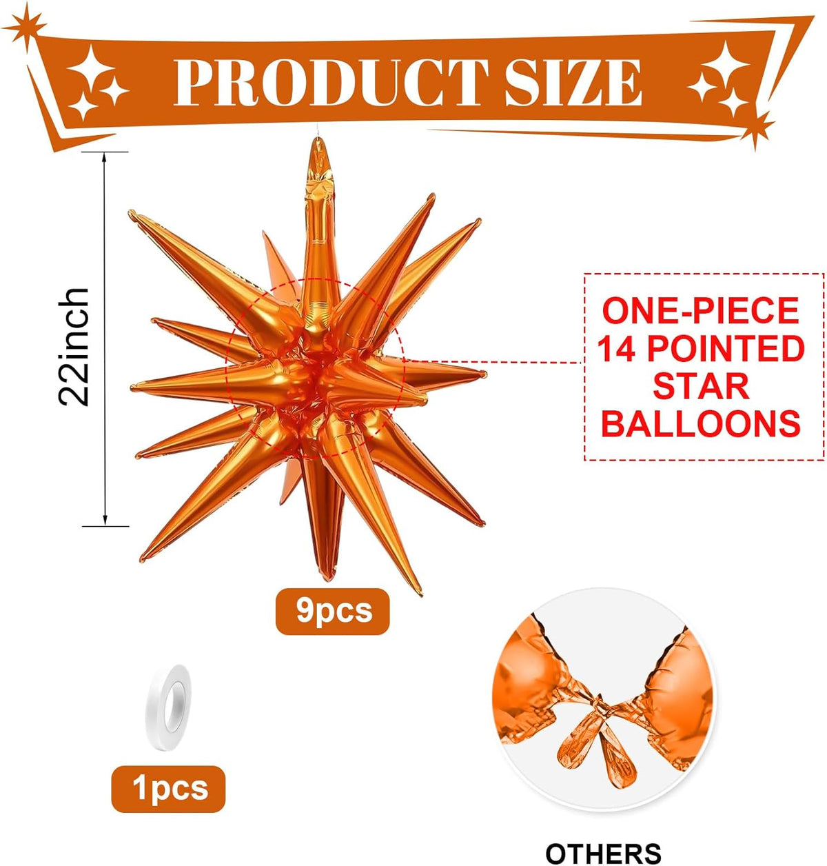 Orange Star Balloons,9Pcs 22Inch Orange Explosion Spike Cone Helium Polyester Film Star Foil