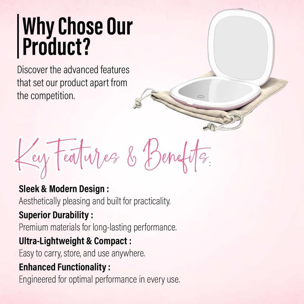 LED Compact Mirror – 1x & 10x Magnification | Travel Makeup Mirror with Adjustable Lighting |