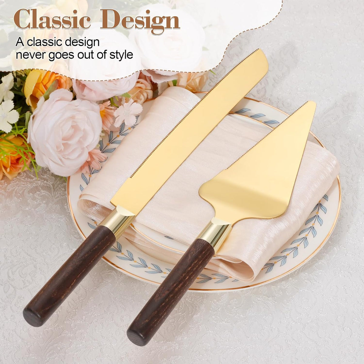 Gold Cake Cutting Set for Wedding, Wood Cake Knife and Server Set, Vintage 2-Piece Pie Cutter Set