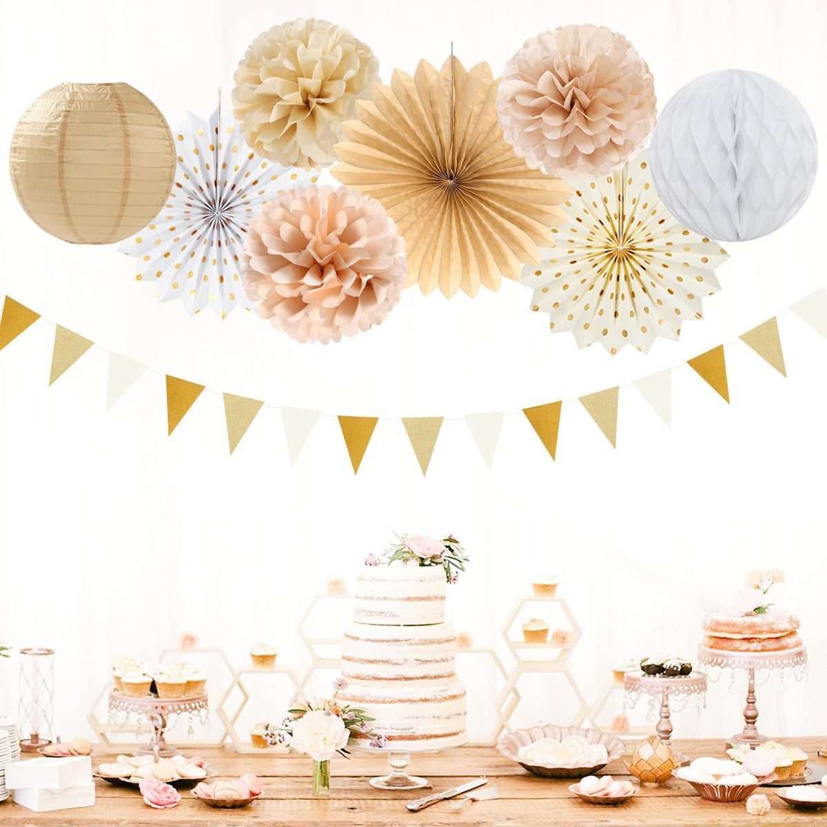 Beige-Champagne Gold White-Peach Boho Party-Decorations - 20pcs Neutral Baby Shower Rustic Wedding