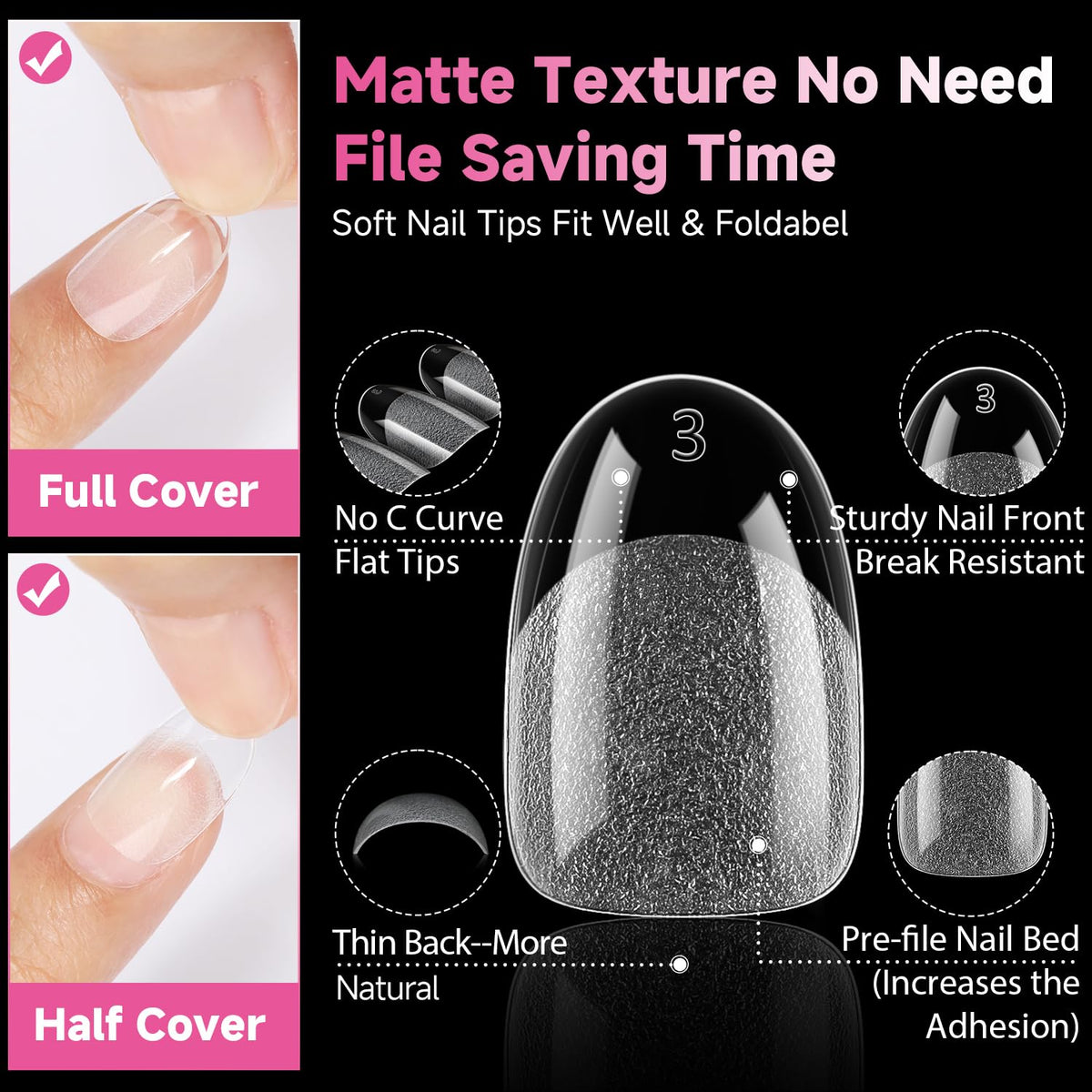 UNA GELLA Oval Gel Nail Tips, 312 Pcs Short Oval Round Nails Pre-Etched Half Matte Clear Acrylic