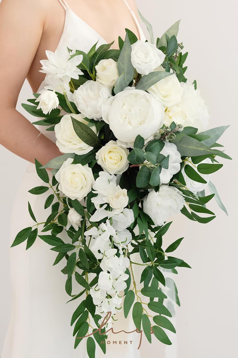 Ling's Moment White Bridal Bouquet Cascading, Ivory Wedding Bouquets for Bride, 15 Inch Bride