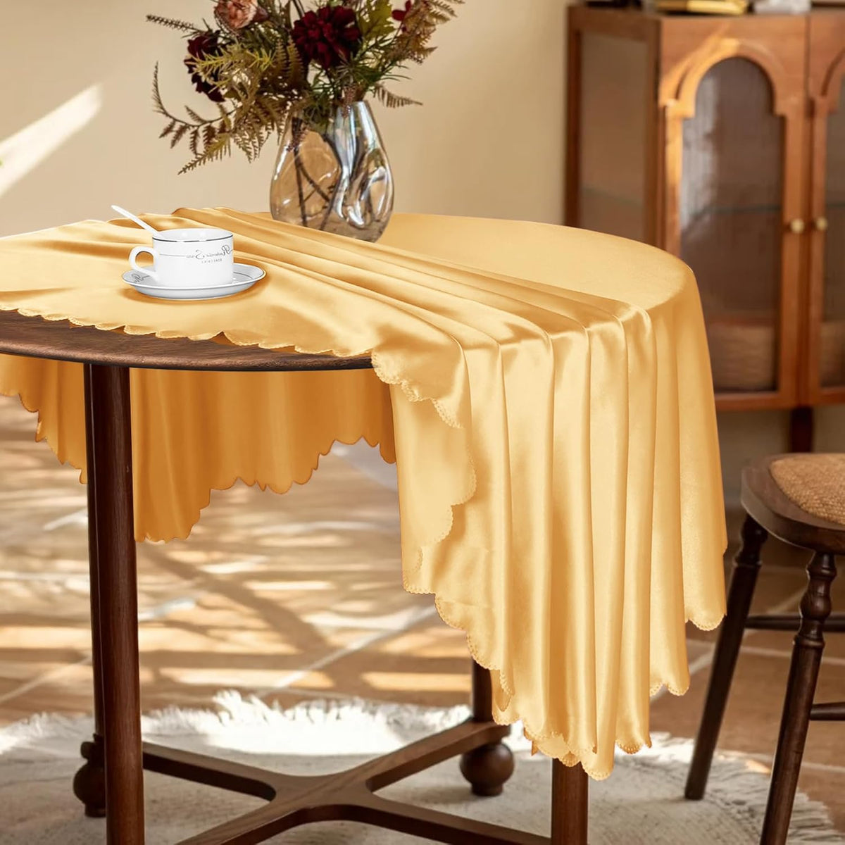 KKJIAF 1 Pack 60 Inch / 5ft Round Table Cloth, Gold Overlay Round Satin Table Cover, Silky Satin