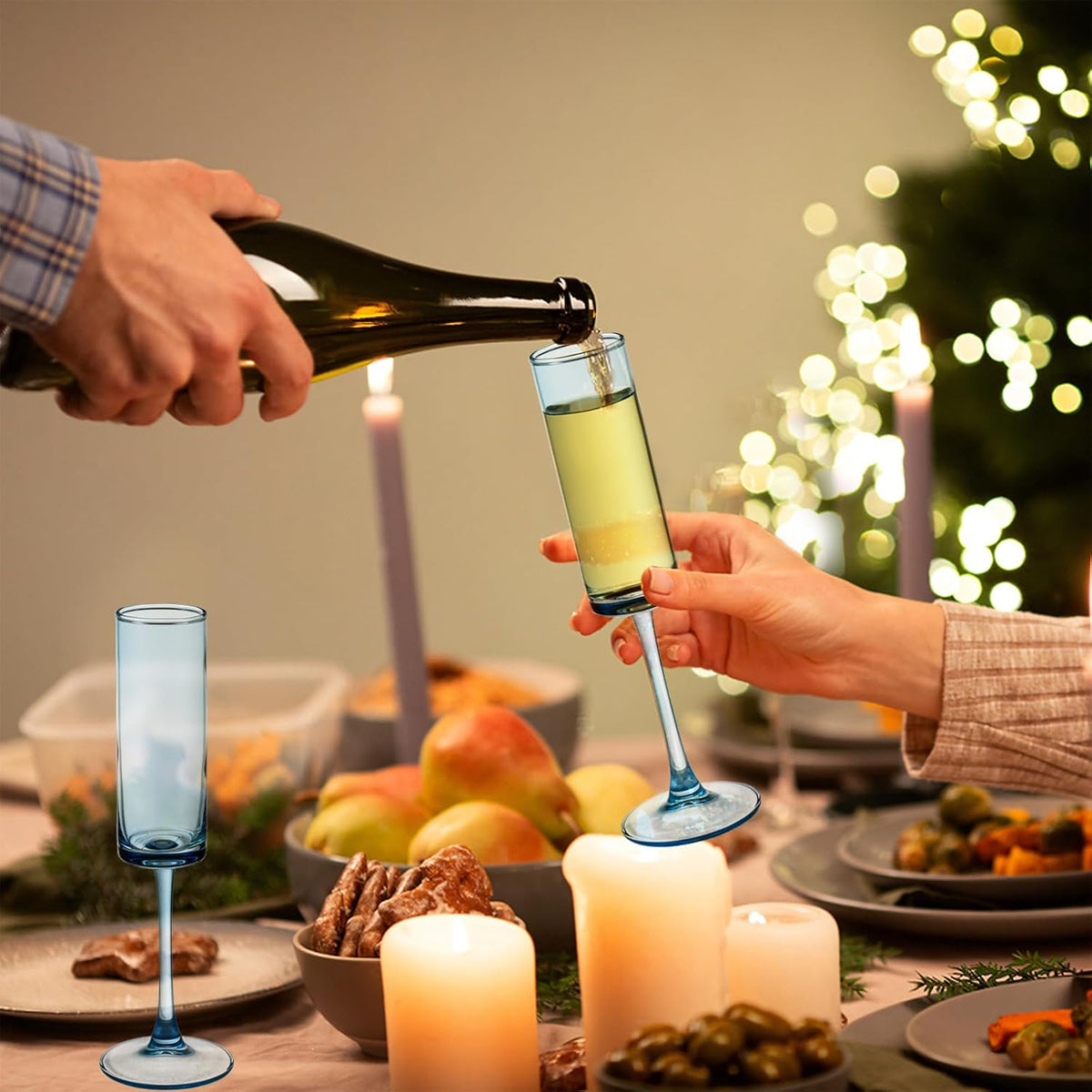 6 Pieces Blue Champagne Flutes 6 OZ Straight Sided Wine Glasses Champagne Long Stem Drinking