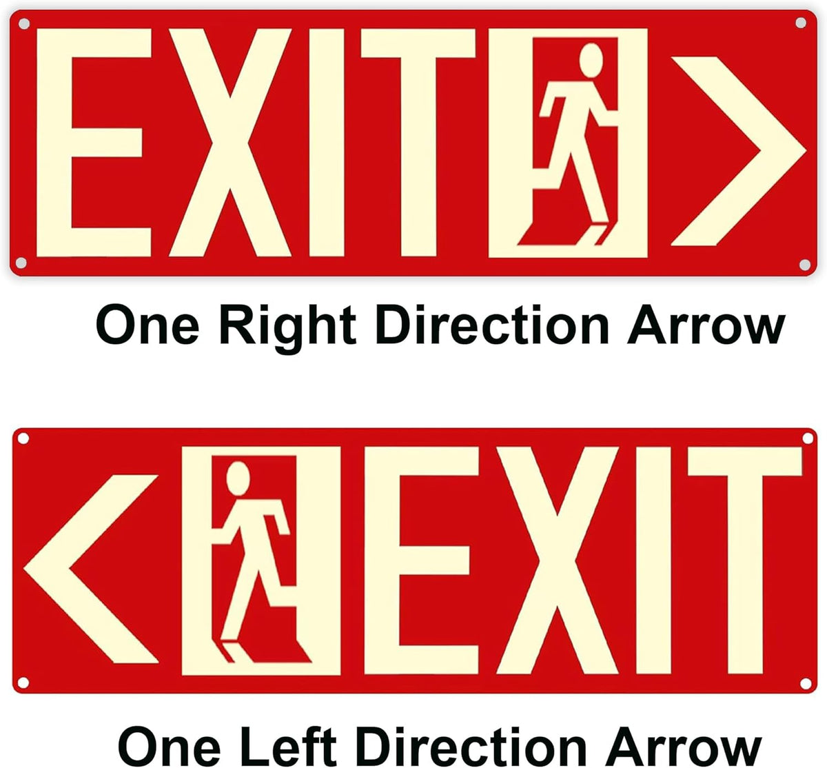 Photoluminescent Exit Signs, 14x5 inches, Red with Glow in Dark Feature, Self-Adhesive Aluminum