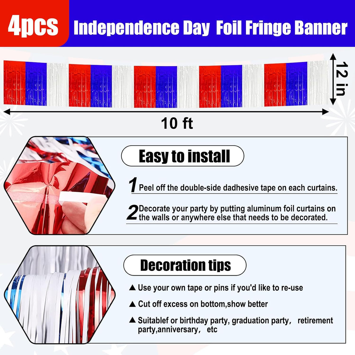 4 Pack 10 Feet White Blue Red Foil Fringe Garland Metallic Tinsel Streamers Banner Wall Hanging