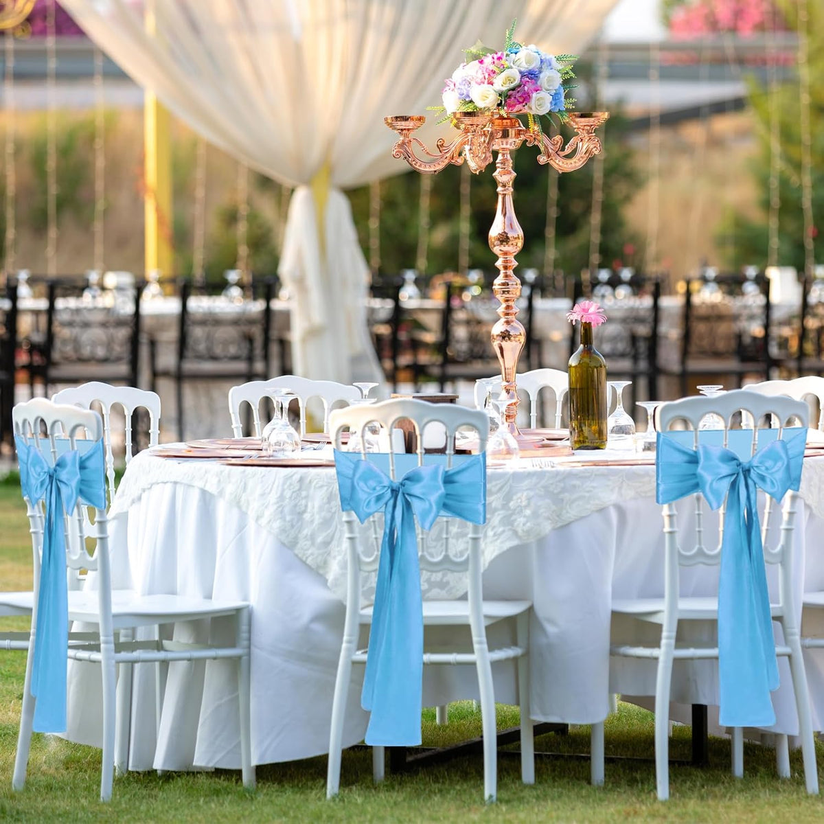 10 PCS Baby Blue Satin Chair Sashes Bows Universal Chair Ribbon Ties Back Sash for Wedding Party