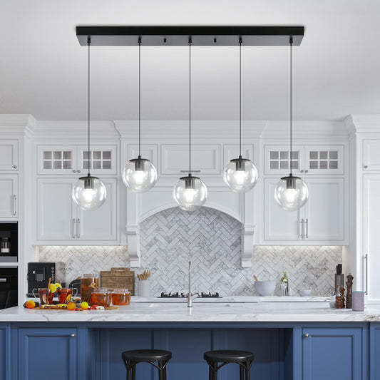 5-Lights Modern Rectangle Chandelier Globe Pendant Light,Black Linear Globe Chandeliers for Dining