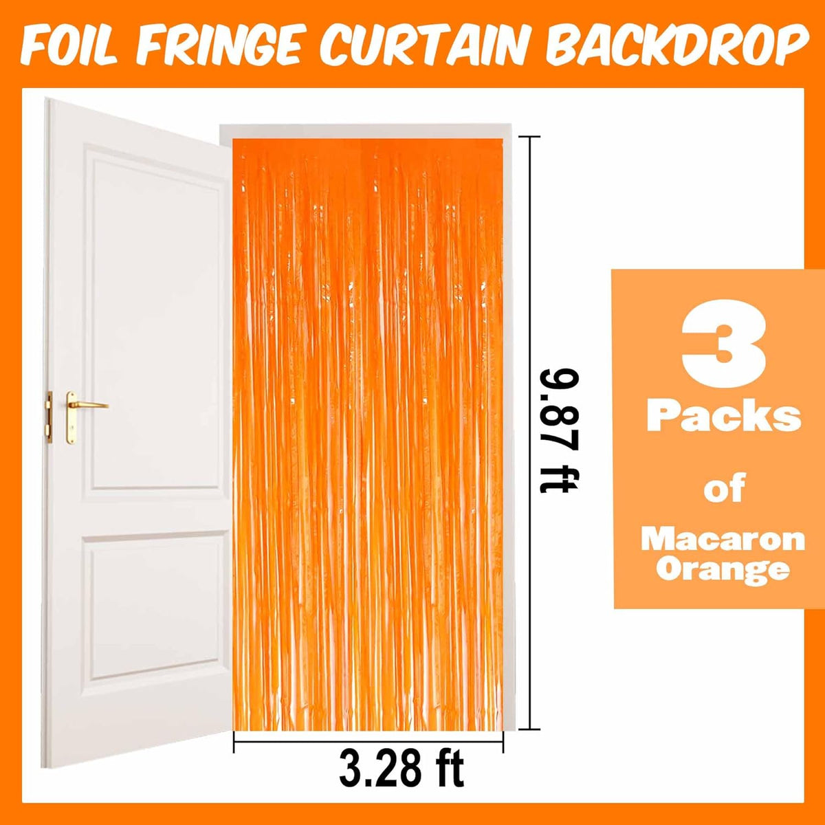 3 Pack Macaron Orange Foil Fringe Curtains Backdrop, 3.28 x 9.8 Ft Metallic Streamers Tinsel