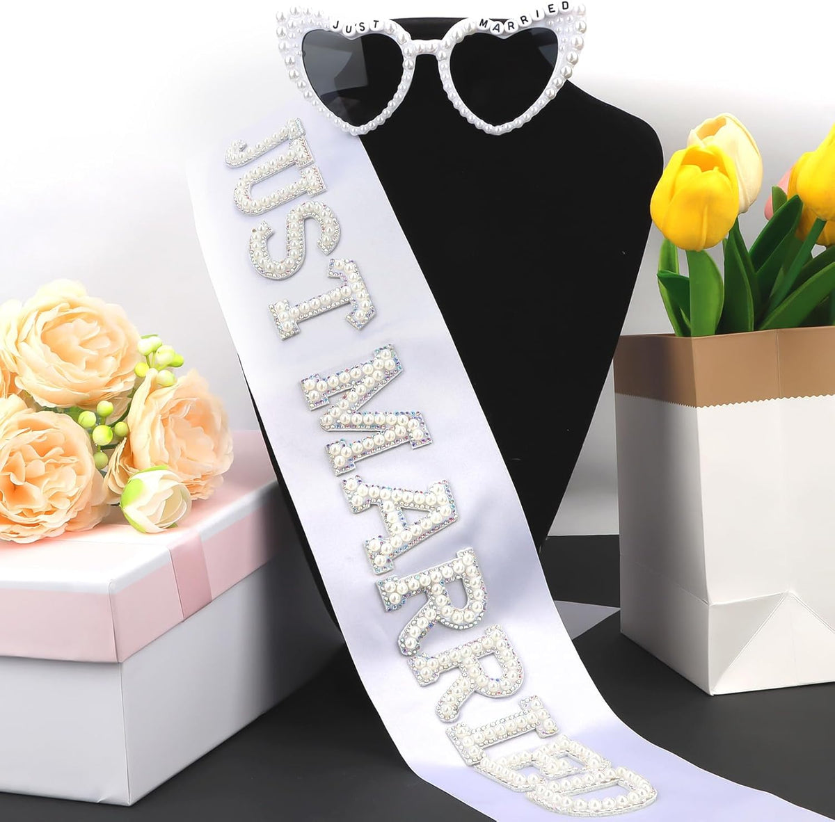 White Bride Sash & Heart Sunglasses Set Bachelorette Party Decorations Bridal Shower Engagement