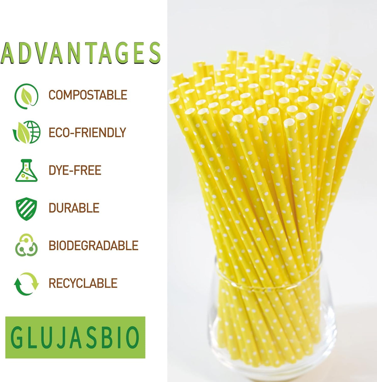 GLUJASBIO Cute Paper Straws Drinking - Pastel Yellow White Dots Paper Straws Bulk for Party, Baby