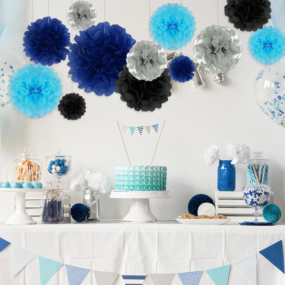 Tissue Paper Pom Poms, Black Silver Blue Tissue Paper Flowers, Hanging Flower Balls for Weddings