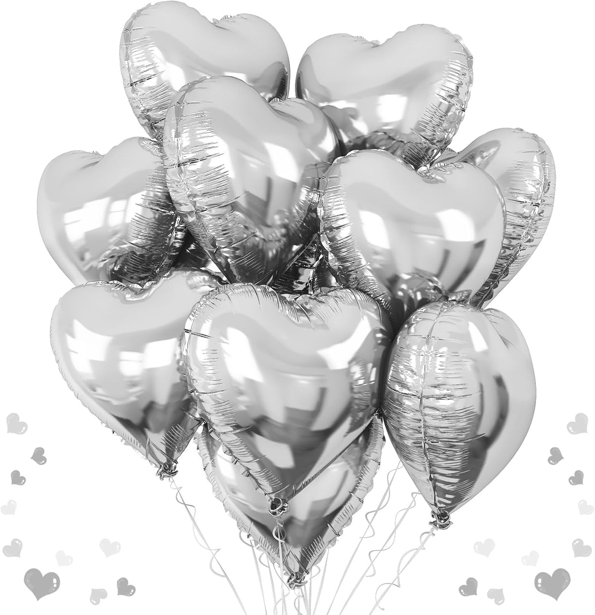 Silver Heart Foil Balloons, 10PCS 18Inch Mylar Balloons for Birthday, Valentine, Wedding, Baby