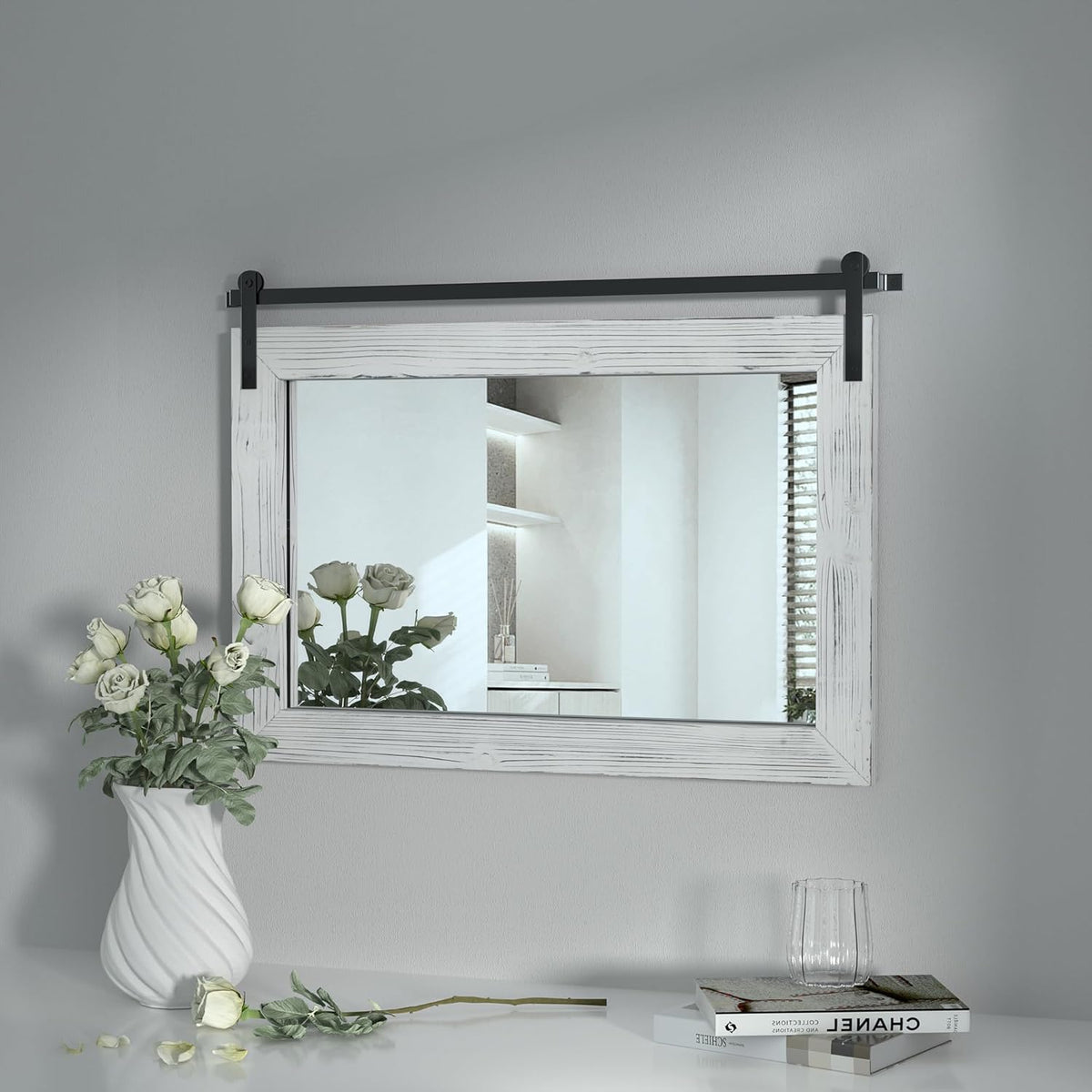 COGOOD Farmhouse Barn Door Mirror - 25 x 18 Rustic Wood Framed Decrative Mirror for Bathroom