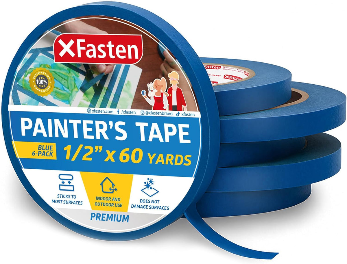 XFasten Professional Blue Painters Tape, Multi-Use, 1/2-Inch by 60-Yard, Pack of 6, Blue Tape Bulk