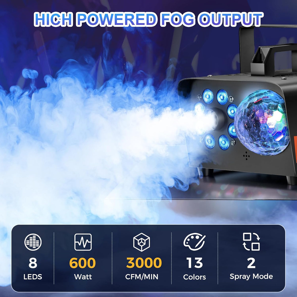 Fog Machine, Halloween Smoke Machine with Disco Ball Lights, 600W and 3000CFM with 13-Color LED
