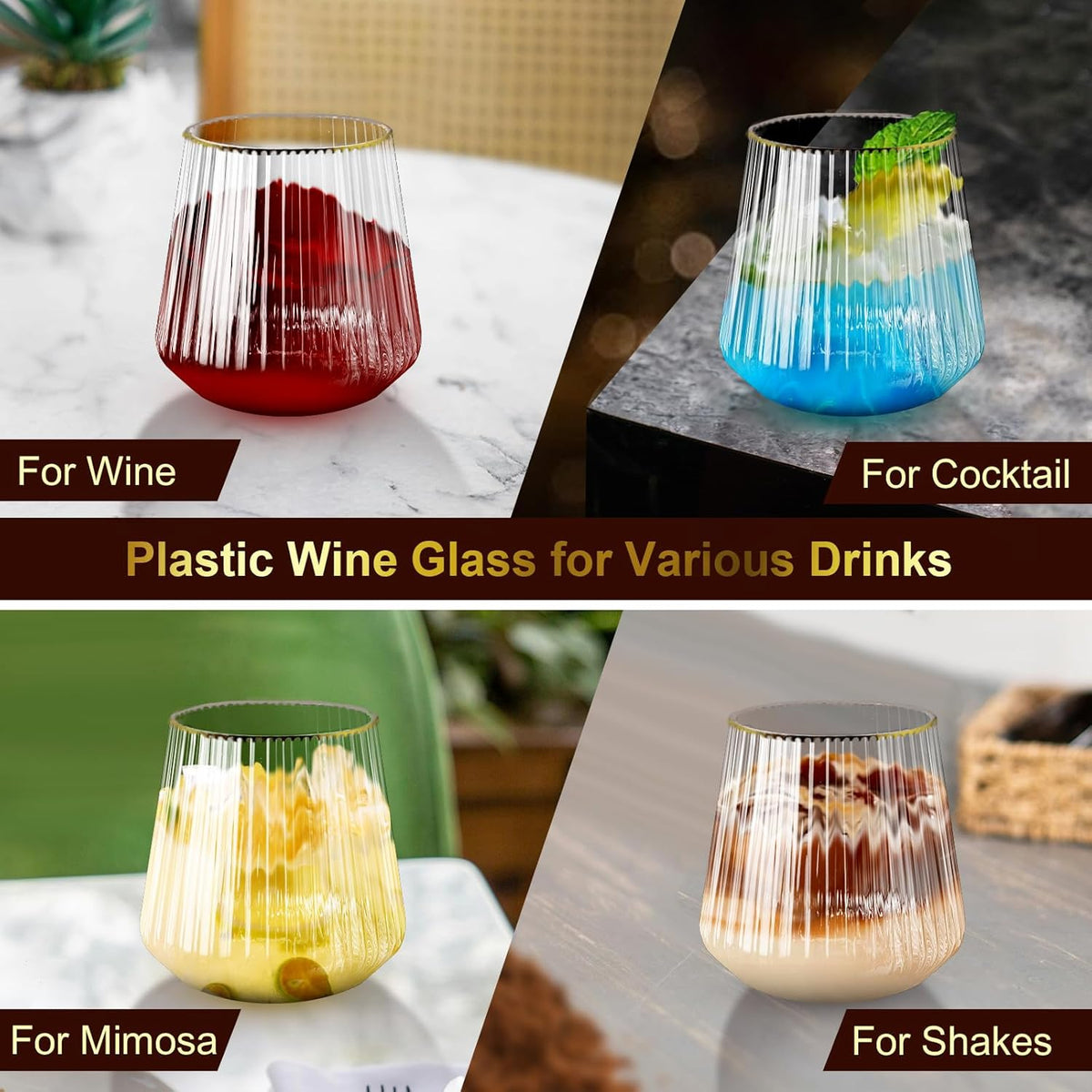 40 Pack Plastic Ribbed Wine Glasses, 14Oz Origami Disposable Wine Glasses Unbreakable Clear Plastic