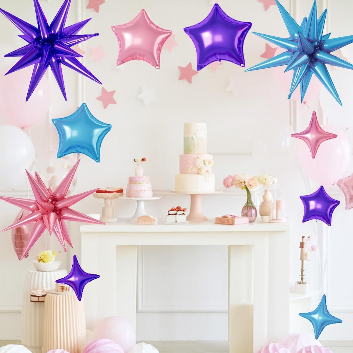 16 Pcs Pink Purple Blue Star Balloons, 22/18/10 Inch Foil Balloons, Four-Pointed Balloon for Girl