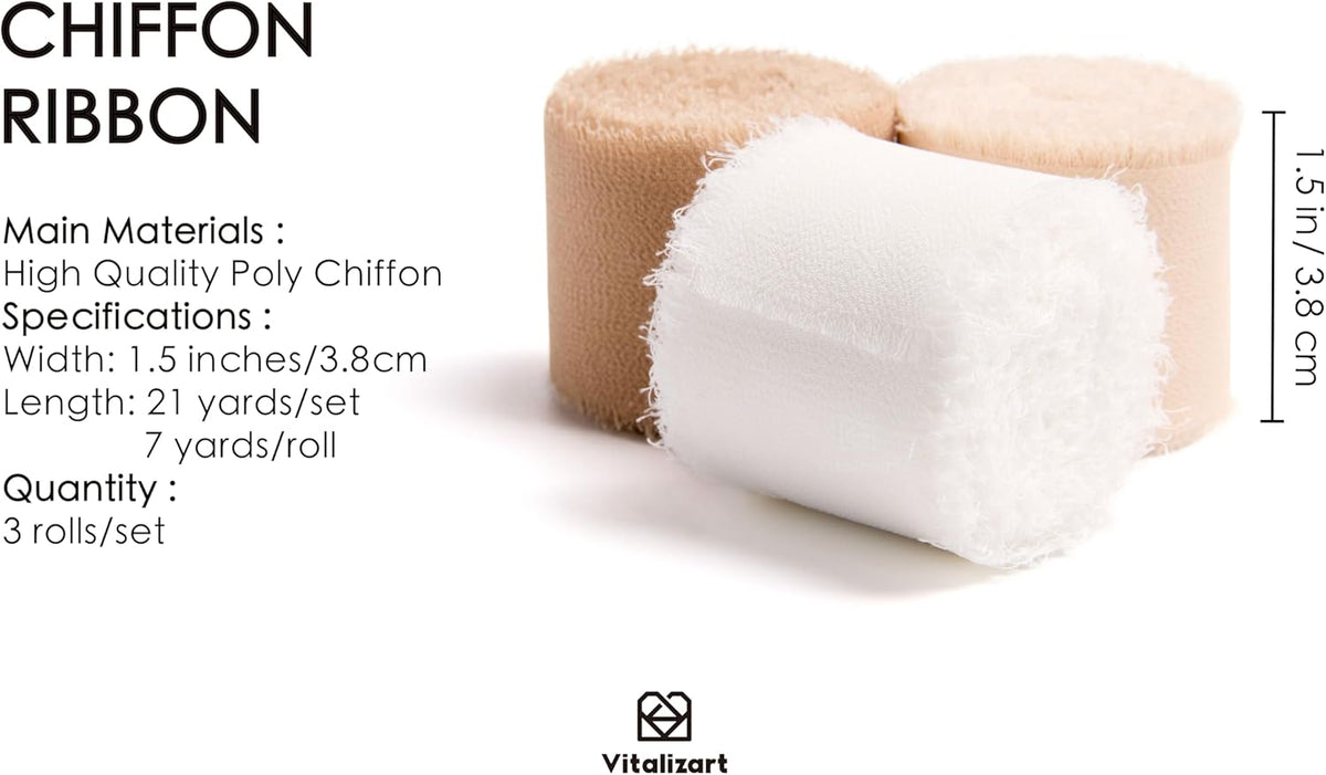 Vitalizart Handmade Chiffon Silk Ribbon Fringe 1.5" x 21 Yd White & Camel Frayed Edges Ribbons for