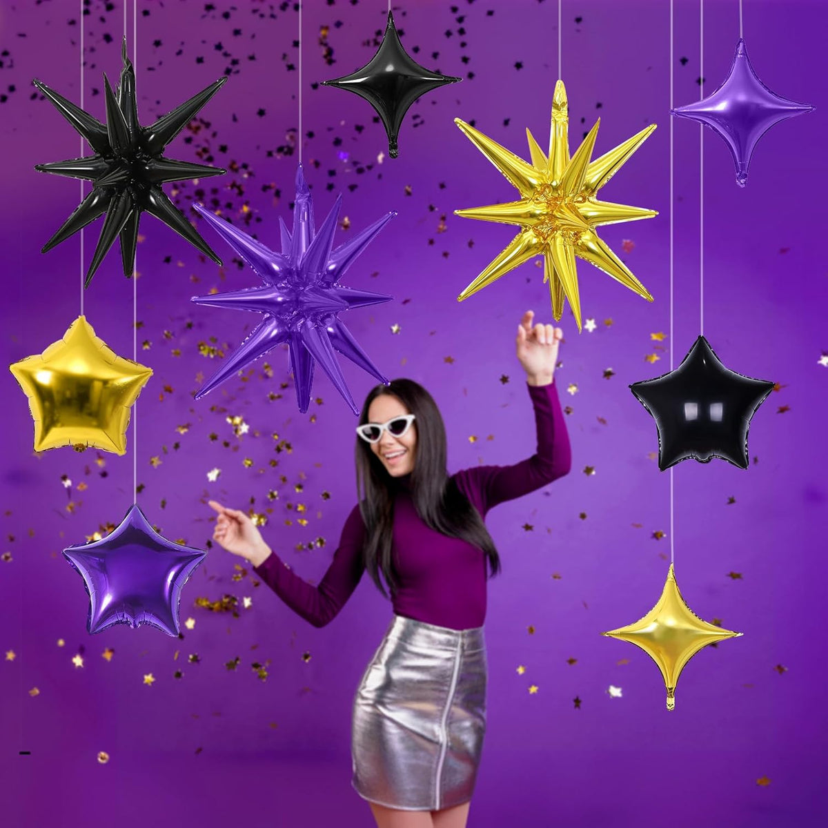 Star Balloons, 22in Purple Black and Gold Star Balloons Foil 10in 4-Pointed & Pentagram Balloon for