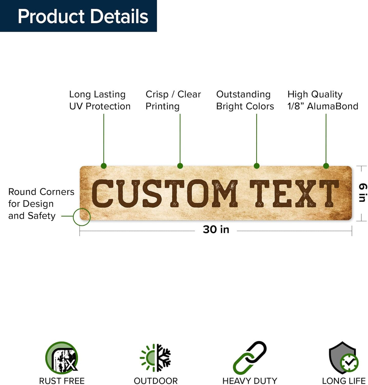 Custom Sign, Custom Street Sign, 11 Font Colors, 13 Font Styles, 4 Hole Options, 22 Sizes, 6x30