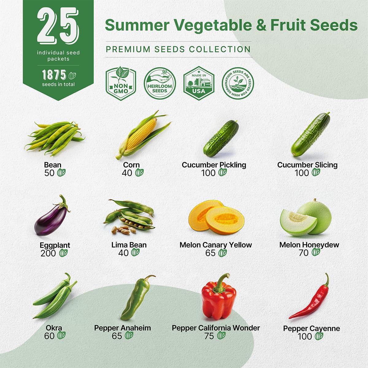 25 Summer Vegetable & Fruit Seeds Variety Pack - 1,870+ Non-GMO Heirloom Veggie & Fruits Seeds for