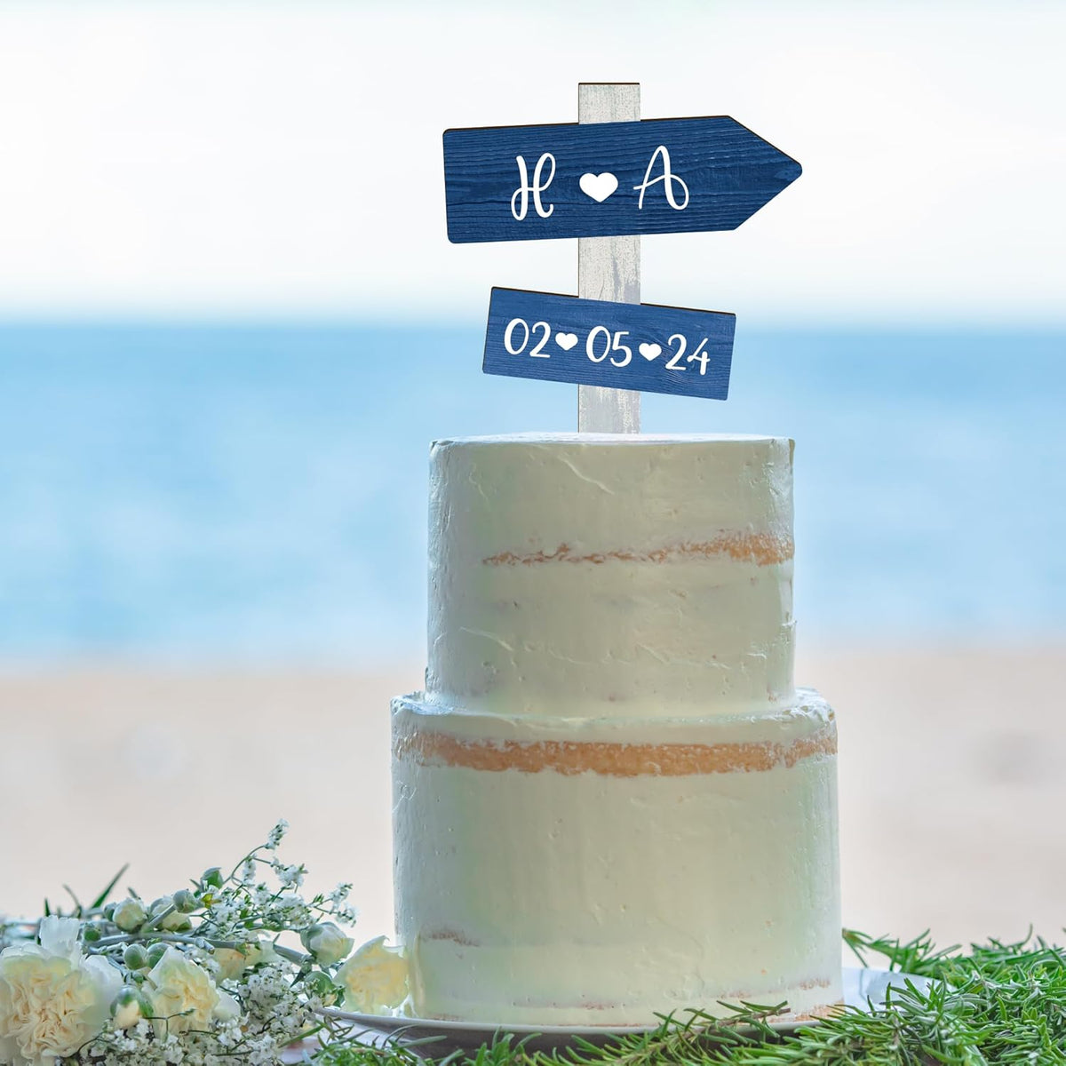 Personalized Ocean Themed Wedding Cake Topper in Wood Custom Bride & Groom Names Initials Wedding