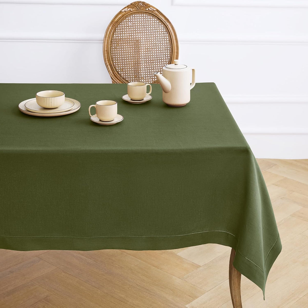 Solino Home Olive Linen Tablecloth 60 x 120 Inch - 100% Pure Linen Hemstitch Table Cloth for