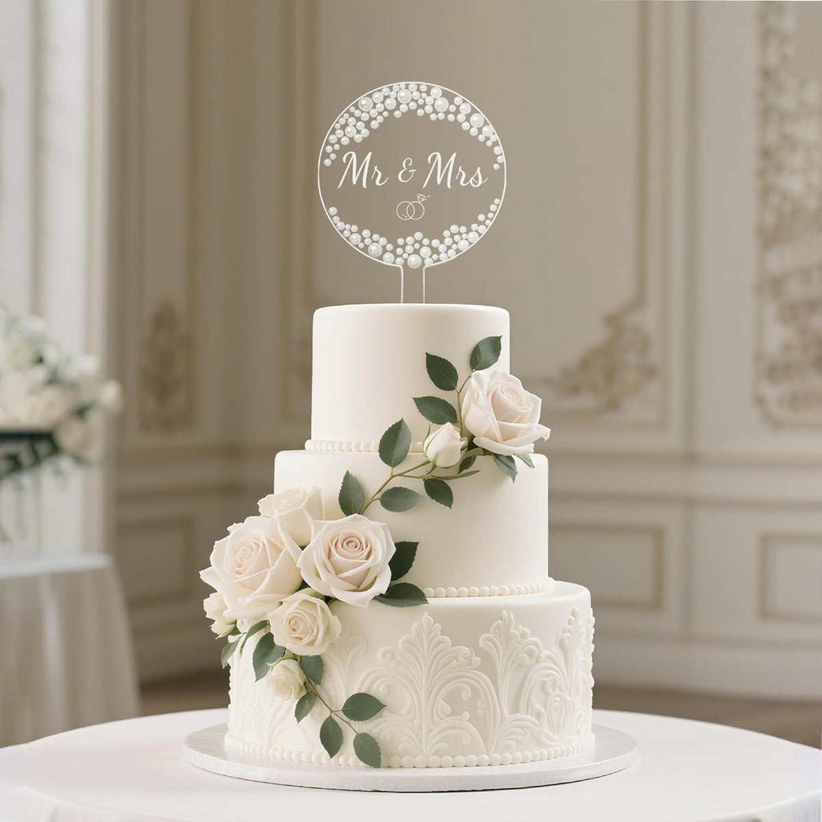 Coucoland Mr and Mrs Cake Topper - Round Acrylic Wedding Cake Decor with Elegant Pearls for