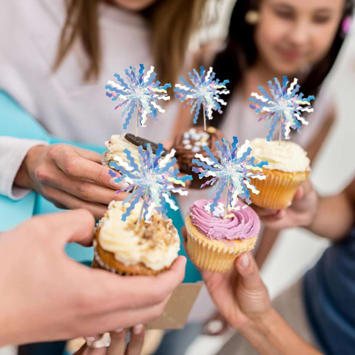 Gyufise 30Pcs Foil Firework Cupcake Toppers Happy Birthday Cake Toppers Tinsel Flower Drink