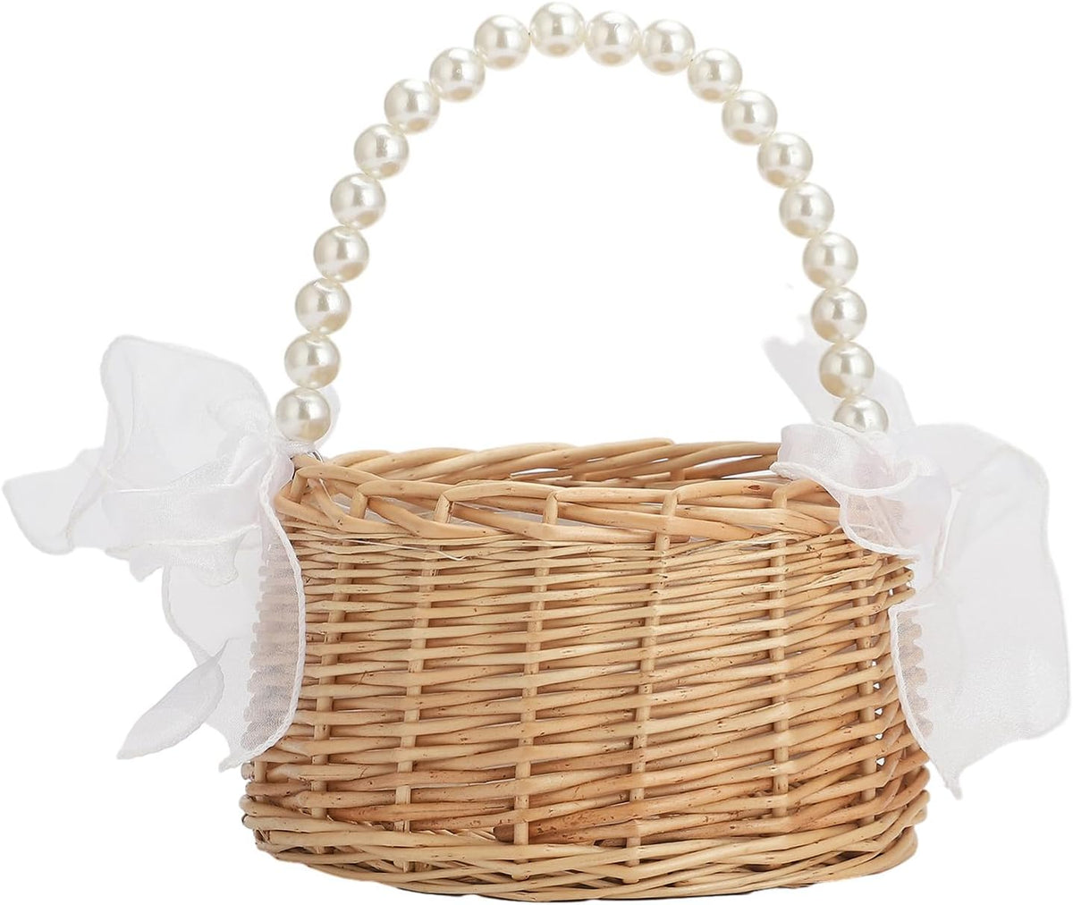 Wicker Rattan Flower Girl Basket Rustic Wedding Flower Girl Basket with Pearl Handle Small Flower
