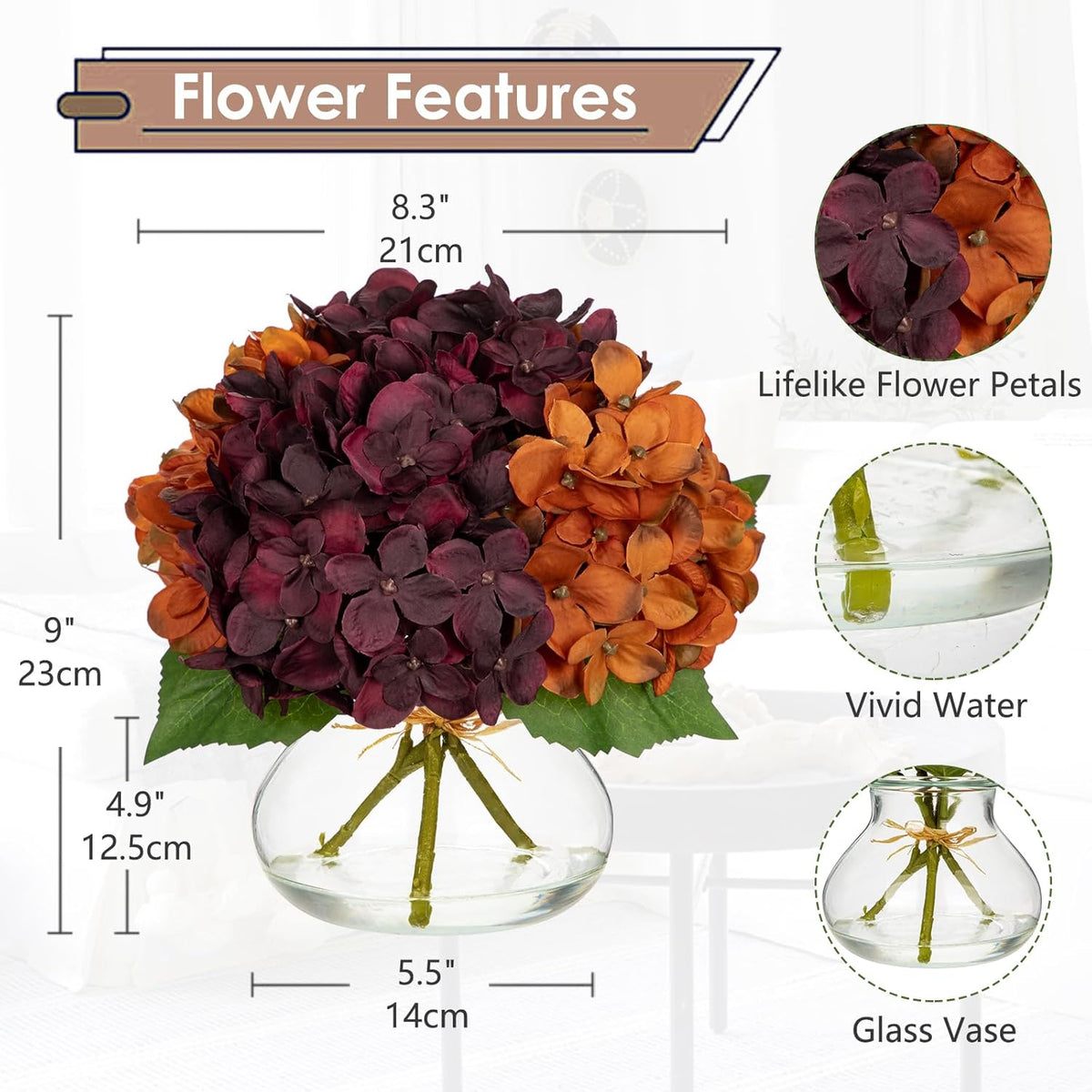 Hollyone Fall Hydrangea Artificial Flowers for Decoration with Glass Vase Dark Red Orange Autumn