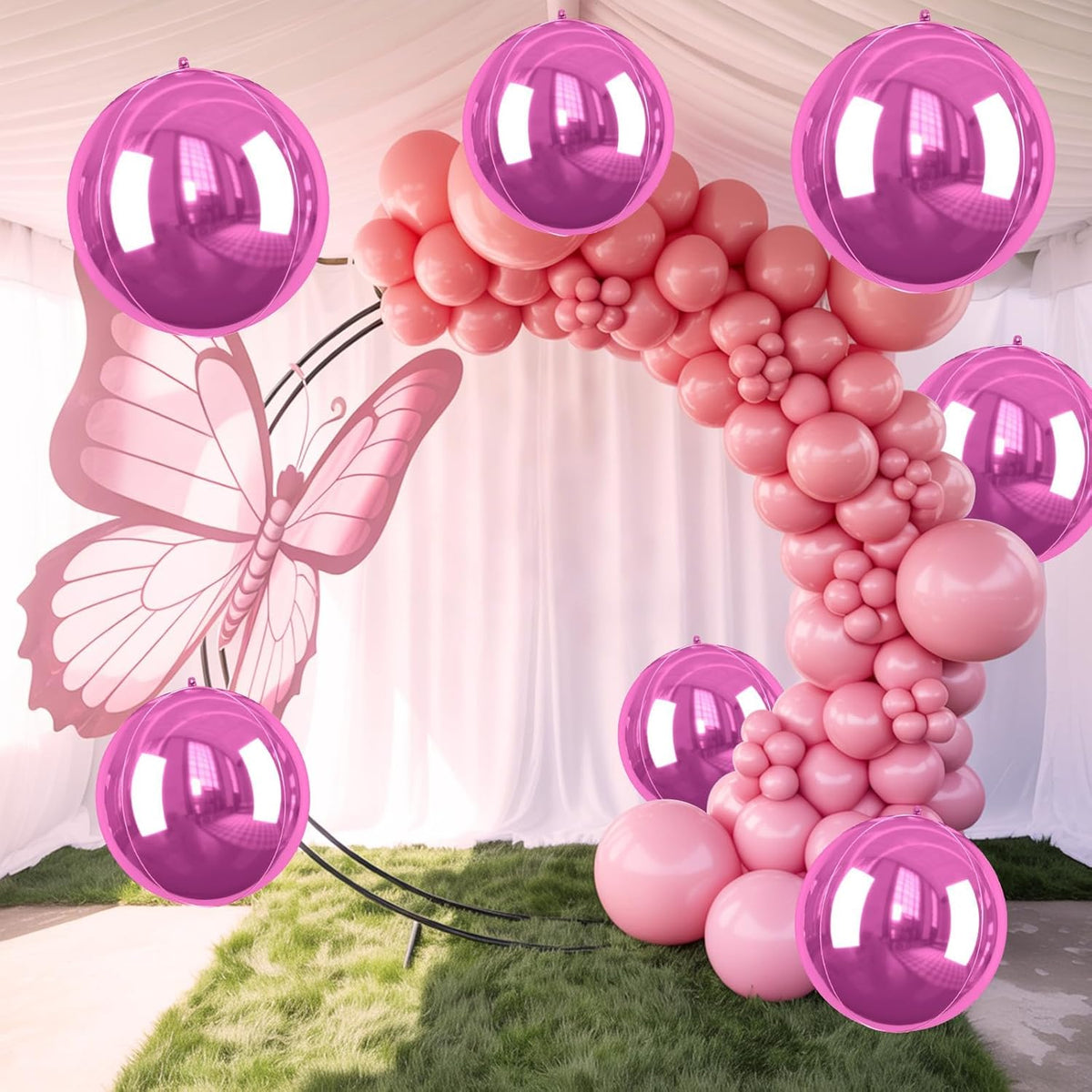 Giant 4D Foil Balloons, 6 Pcs Large Hot Pink Metallic Round Balloons, 22 Inch Big Round Hot Pink