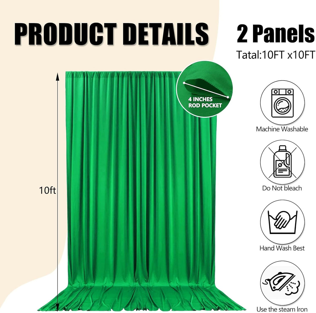 10ft x 10ft Grass Green Backdrop Curtains for Parties, Fabric Satin Background Curtain with Rod