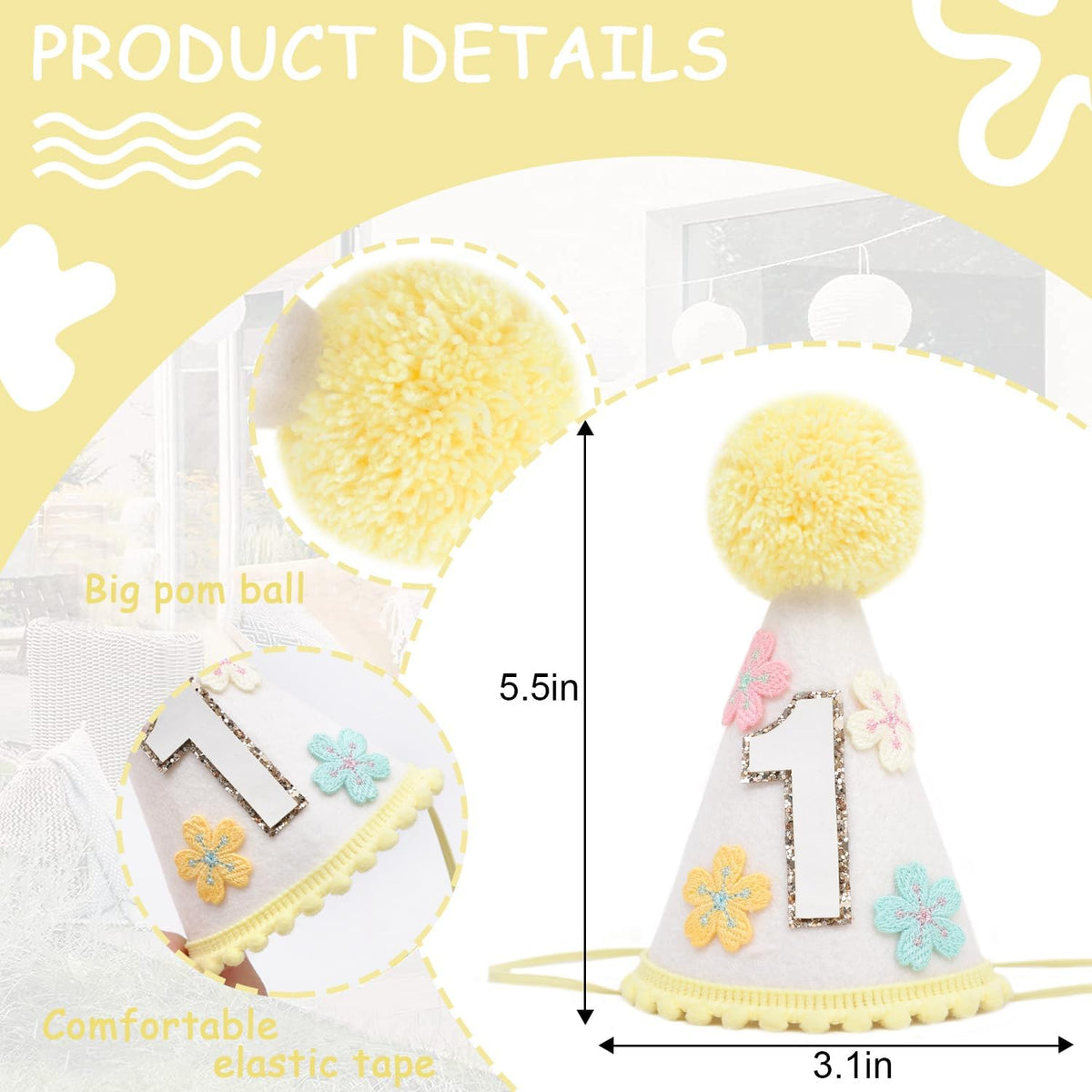 WAUAO Colorful Flower 1st Birthday Cone Hat for Girls - Cute & Adorable Floral Crown, First