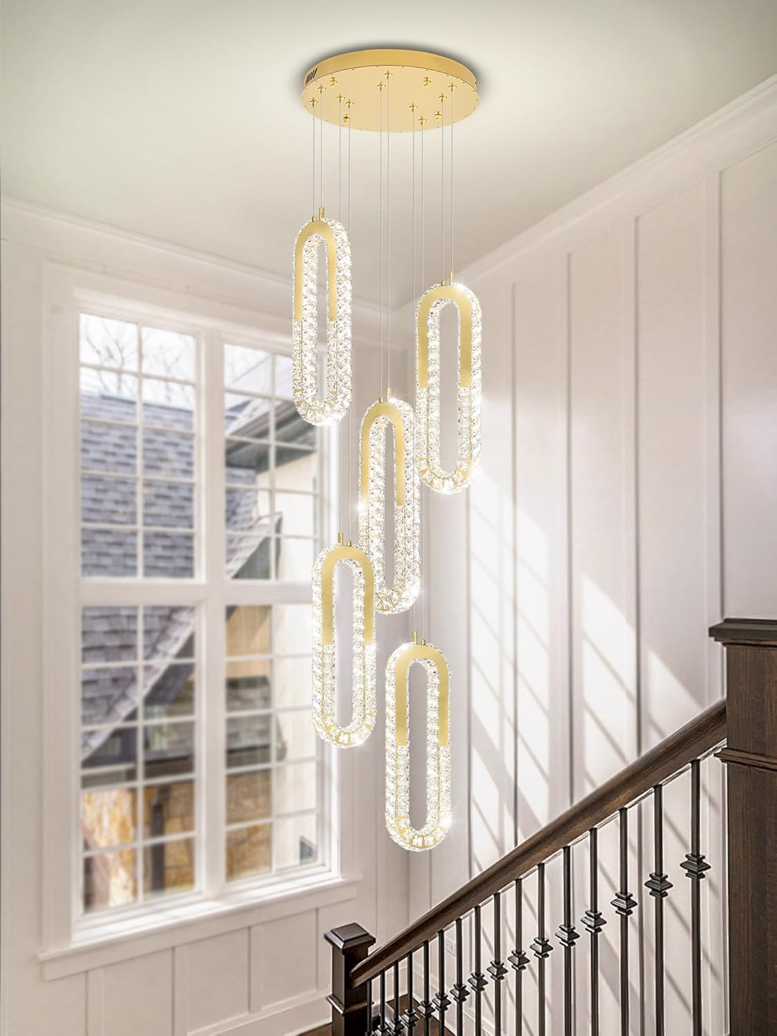 5 Rings Crystal Chandeliers for Staircase Large Pendants Light Fixture Gold High Ceiling Chandelier