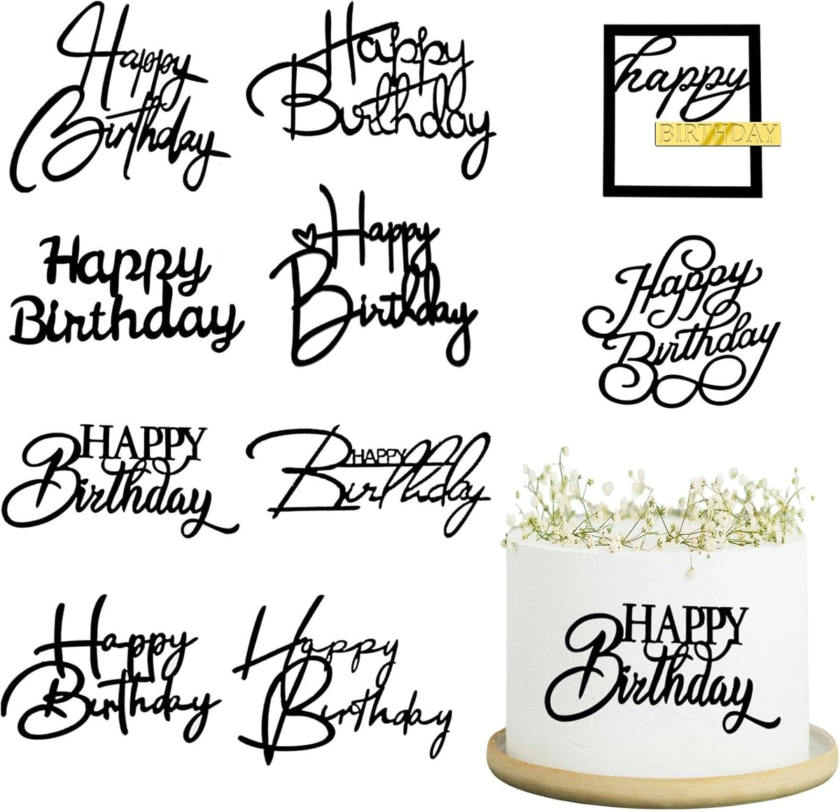 10 PCS Black Birthday Cake Topper Mirror Acrylic Happy Birthday Cake Toppers Double-Sided Dessert