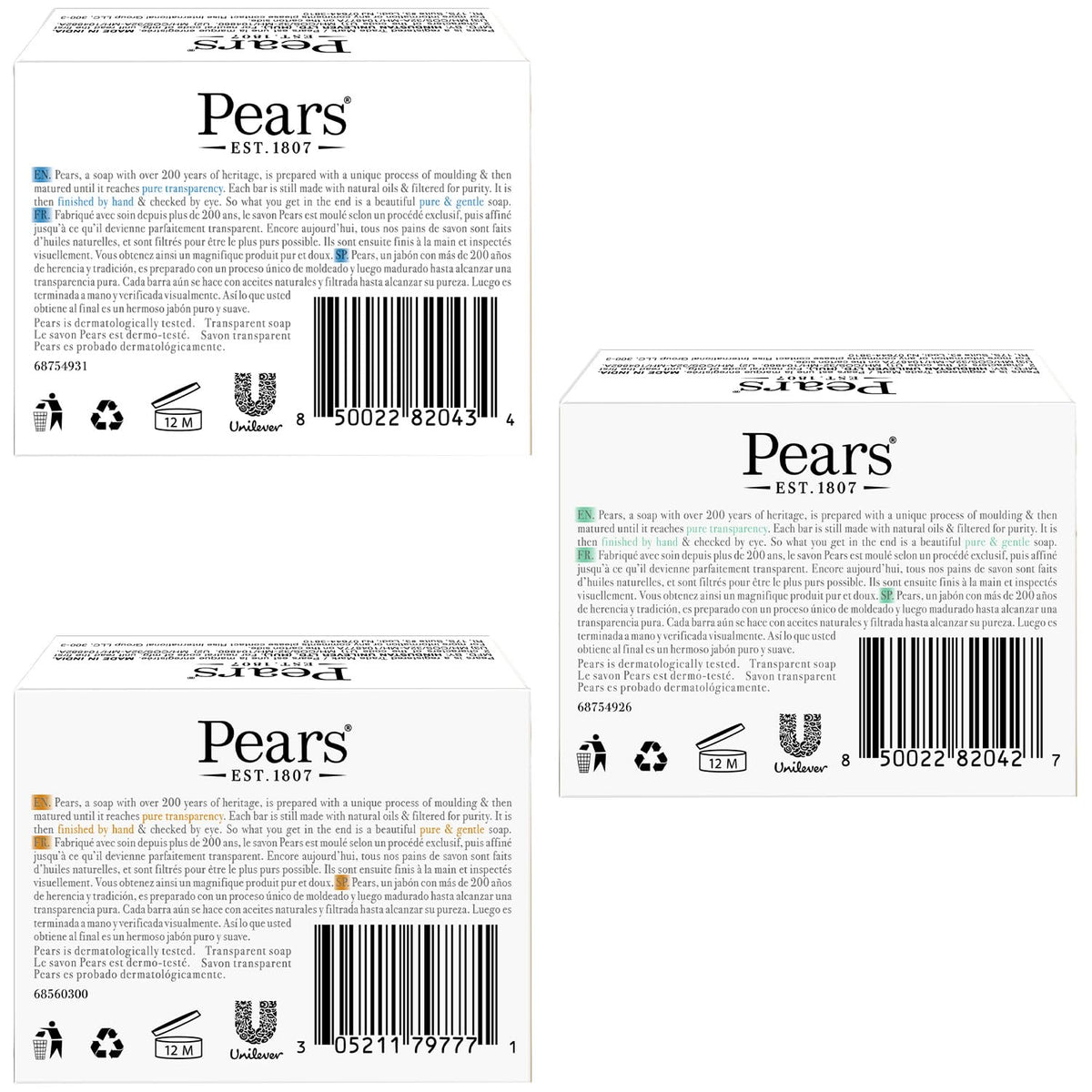 Pears Glycerin Soap Variety 3-Pack – Transparent Amber, Blue & Green Bars for Soft, Glowing Skin