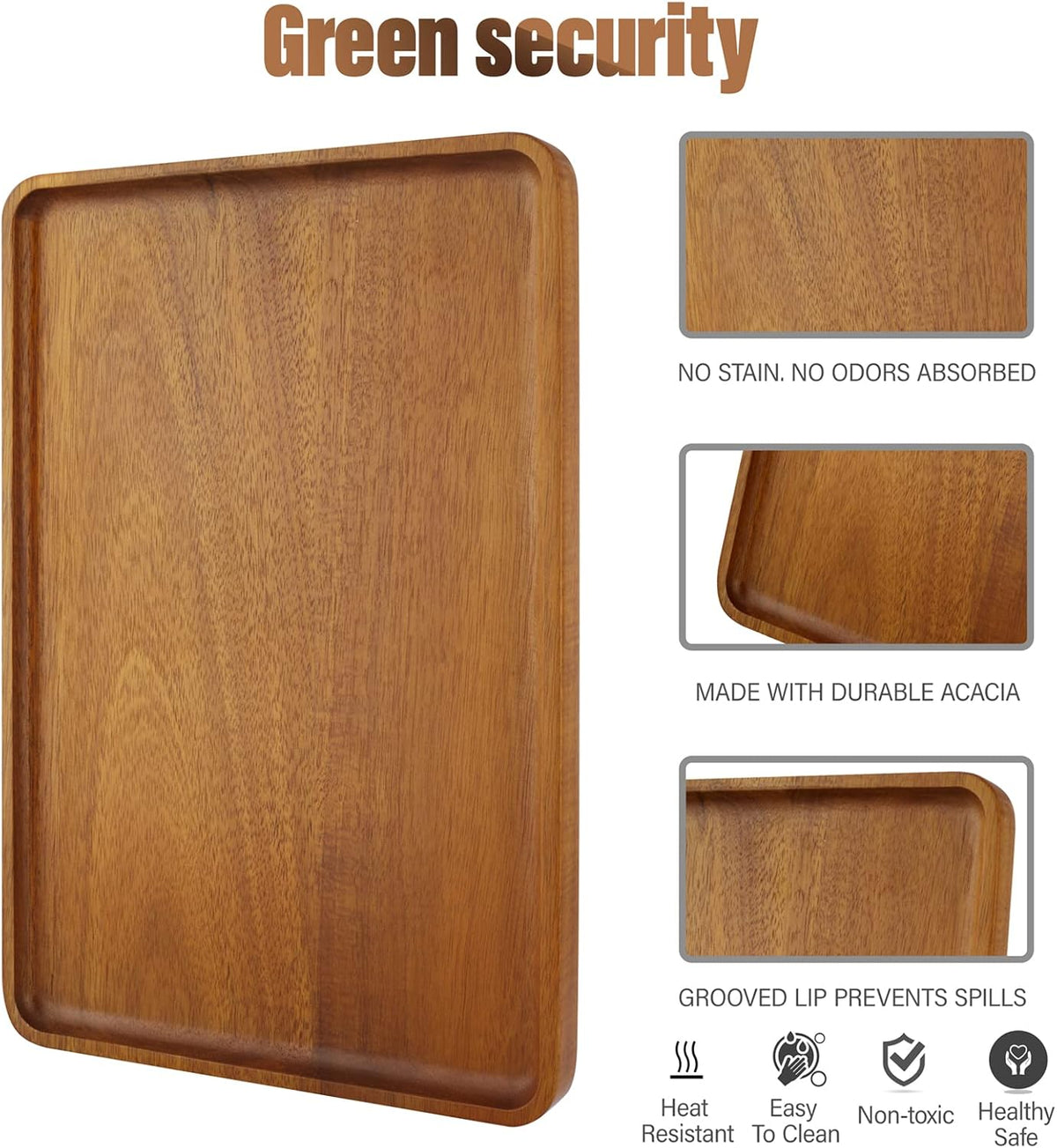 2 PCS Solid Acacia Wood Serving Trays 16 * 12 inch Rectangular Wooden Serving Platters Natural