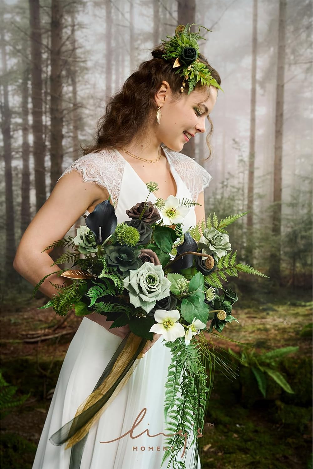 Ling's moment Forest Green Bridal Bouquet Cascading, Emerald Green Wedding Bouquets for Bride, 13