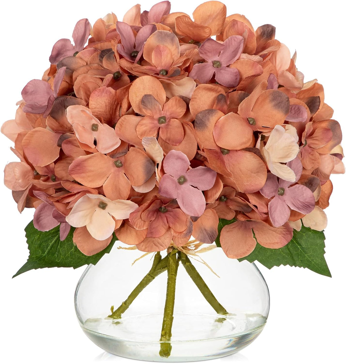 Hollyone Fall Hydrangea Artificial Flowers for Decoration with Glass Vase Dark Peach Autumn Silk