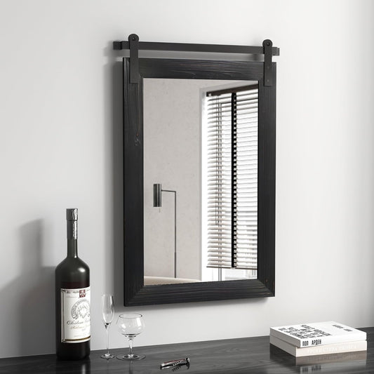 COGOOD Farmhouse Barn Door Mirror - 17 x 26 Rustic Wood Framed Wall Mirror for Bathroom, Living