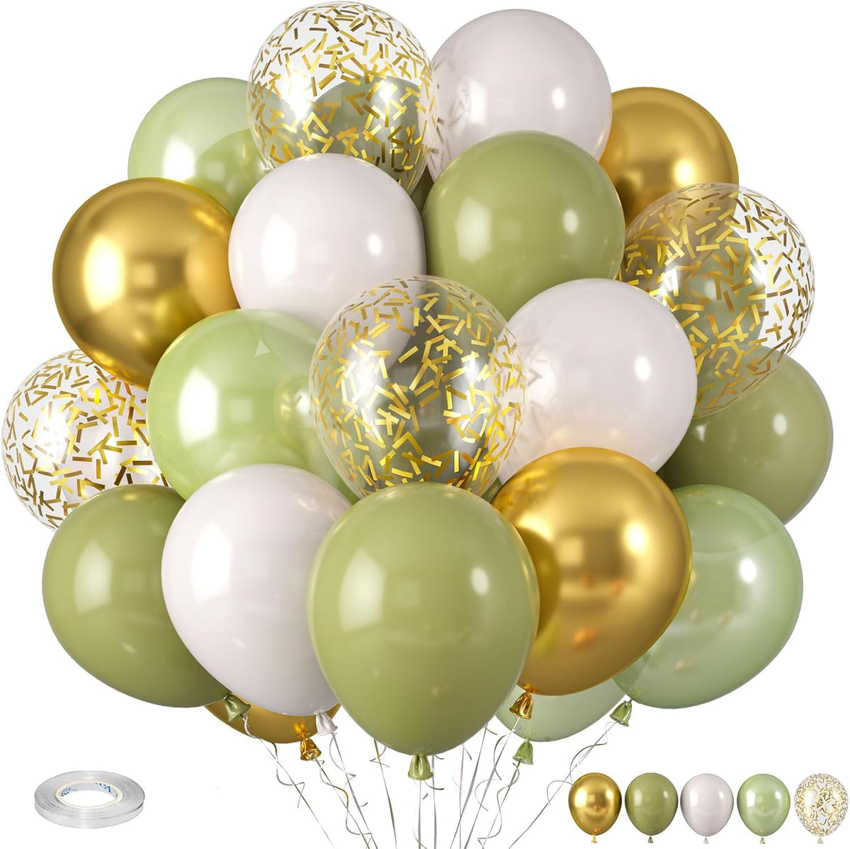 Sage Green Balloons, Sage Balloons Retro White Pearl Light Green Balloon, White Sand Gold Confetti